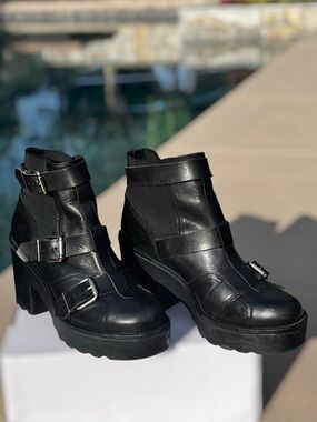 OFFICE London Black Chunky Platform Buckle Ankle Boots, 40, 8.5